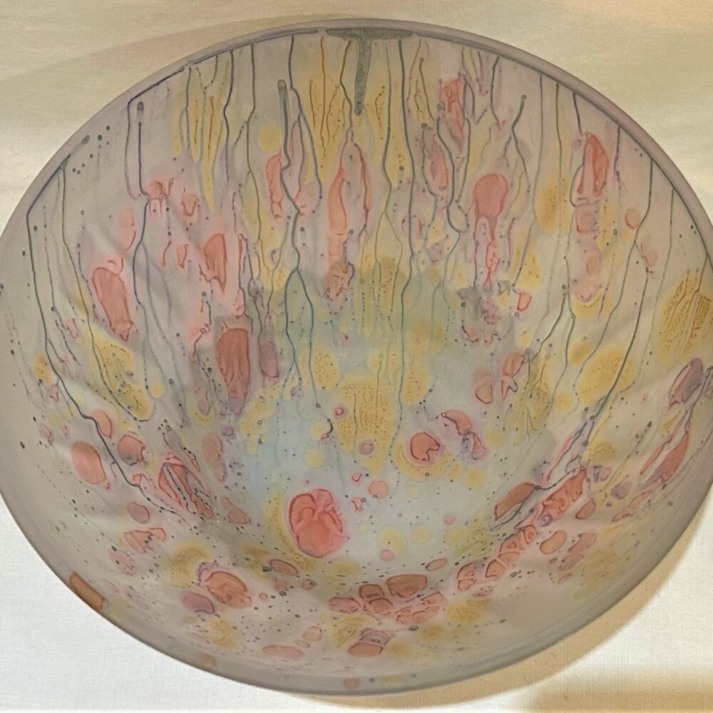 Rueven Art Glass Bowl Nouveau Art Pink Yellow Gray Hand Made 8.75" D x 4" H